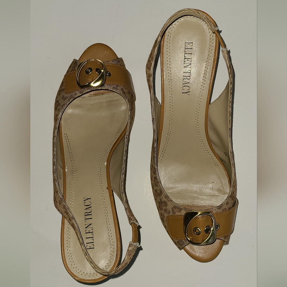 Ellen Tracy light leopard print, leather slingback stilletos buckle peep toe‎ - Picture 7 of 8